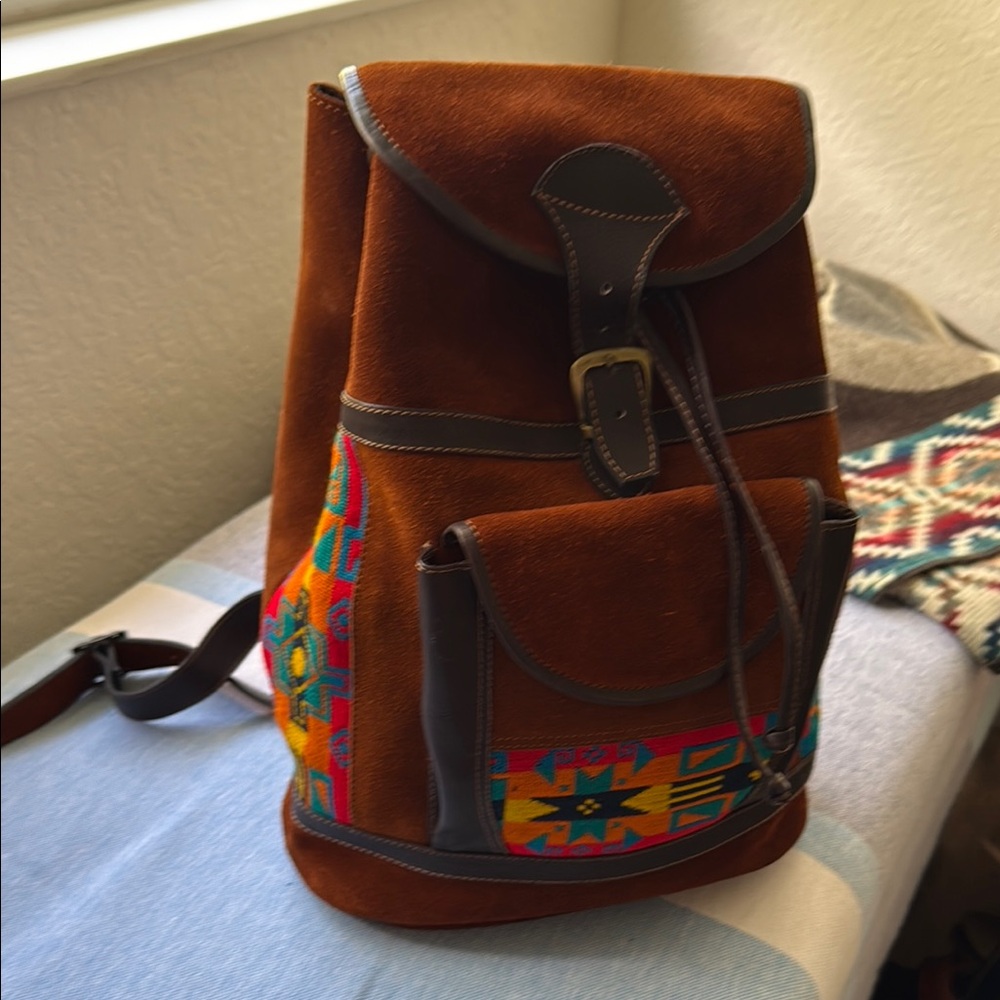 Rustic Brown Leather Backpack with Southwestern Design